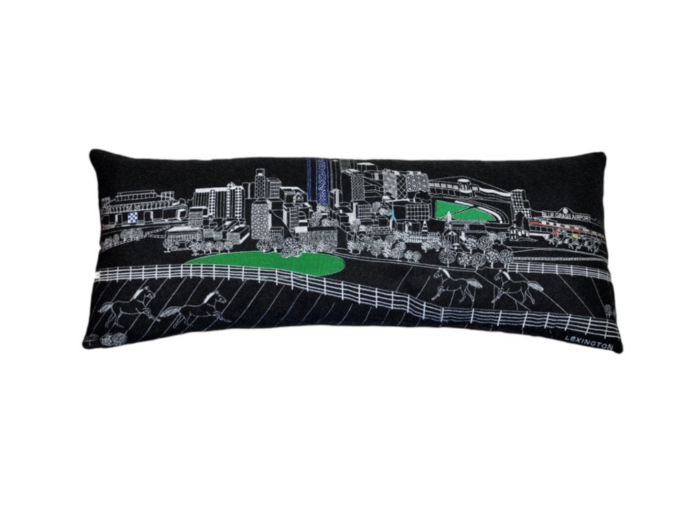 14" X 35" Dark Gray And White Lumbar Lexington Hometown Pride Wool Throw Pillow with Embroidery