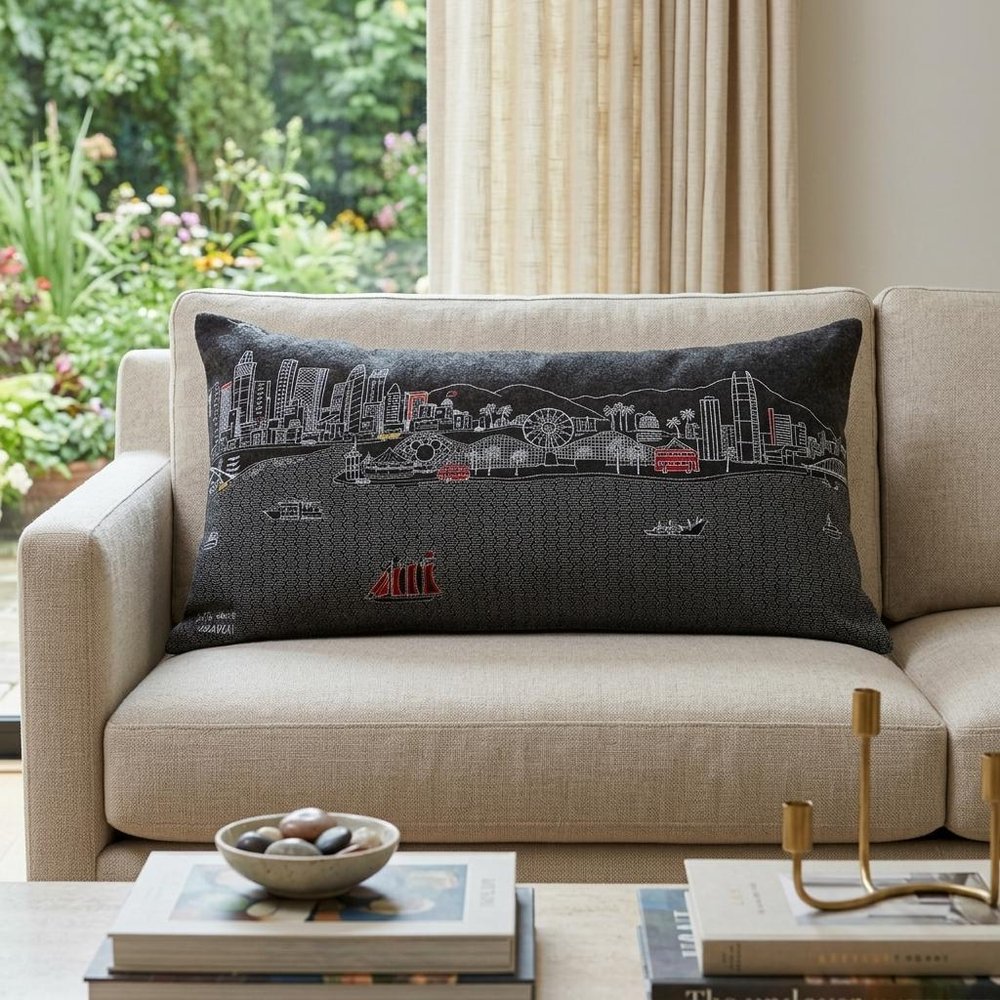 14" X 35" Dark Gray And White Los Angeles Nighttime Skyline Lumbar Decorative Pillow