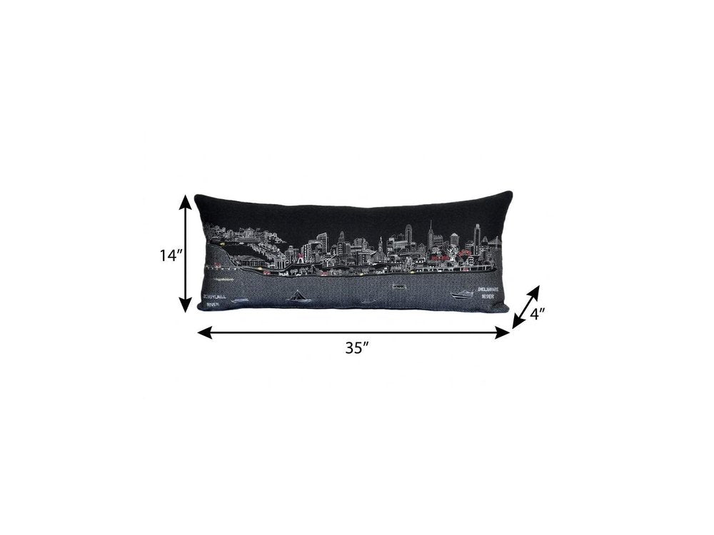 14" X 35" Dark Gray And White Philadelphia Nighttime Skyline Lumbar Decorative Pillow