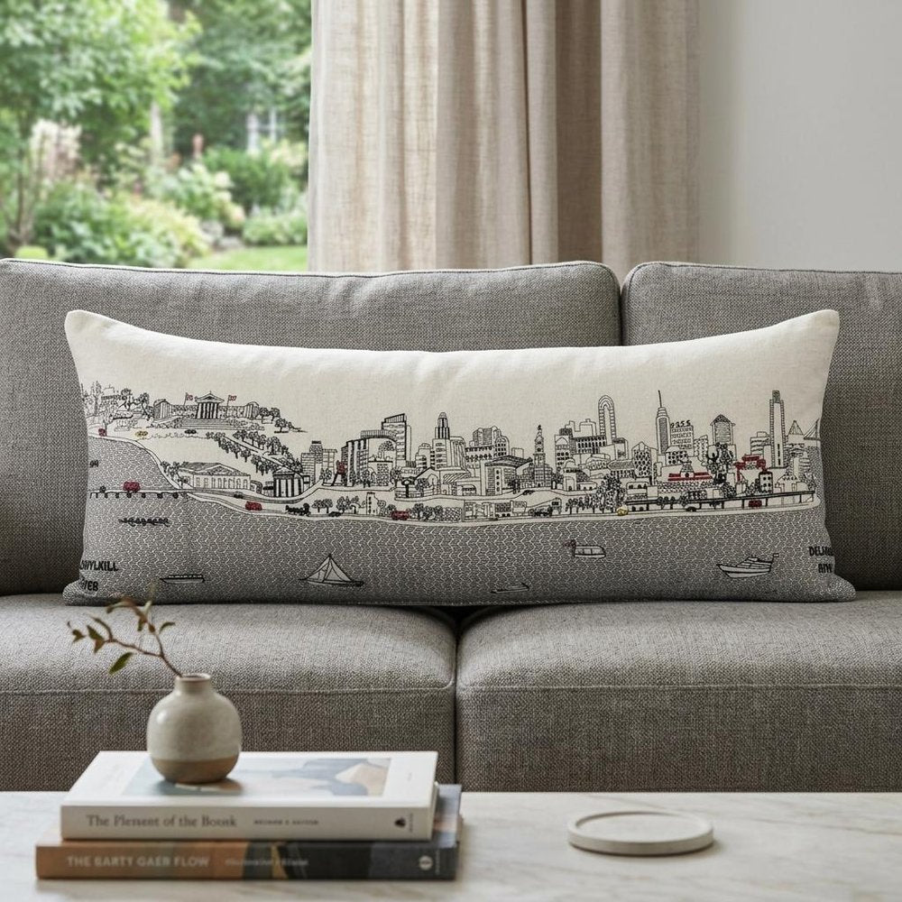 14" X 35" Cream Philadelphia Daylight Skyline Lumbar Decorative Pillow