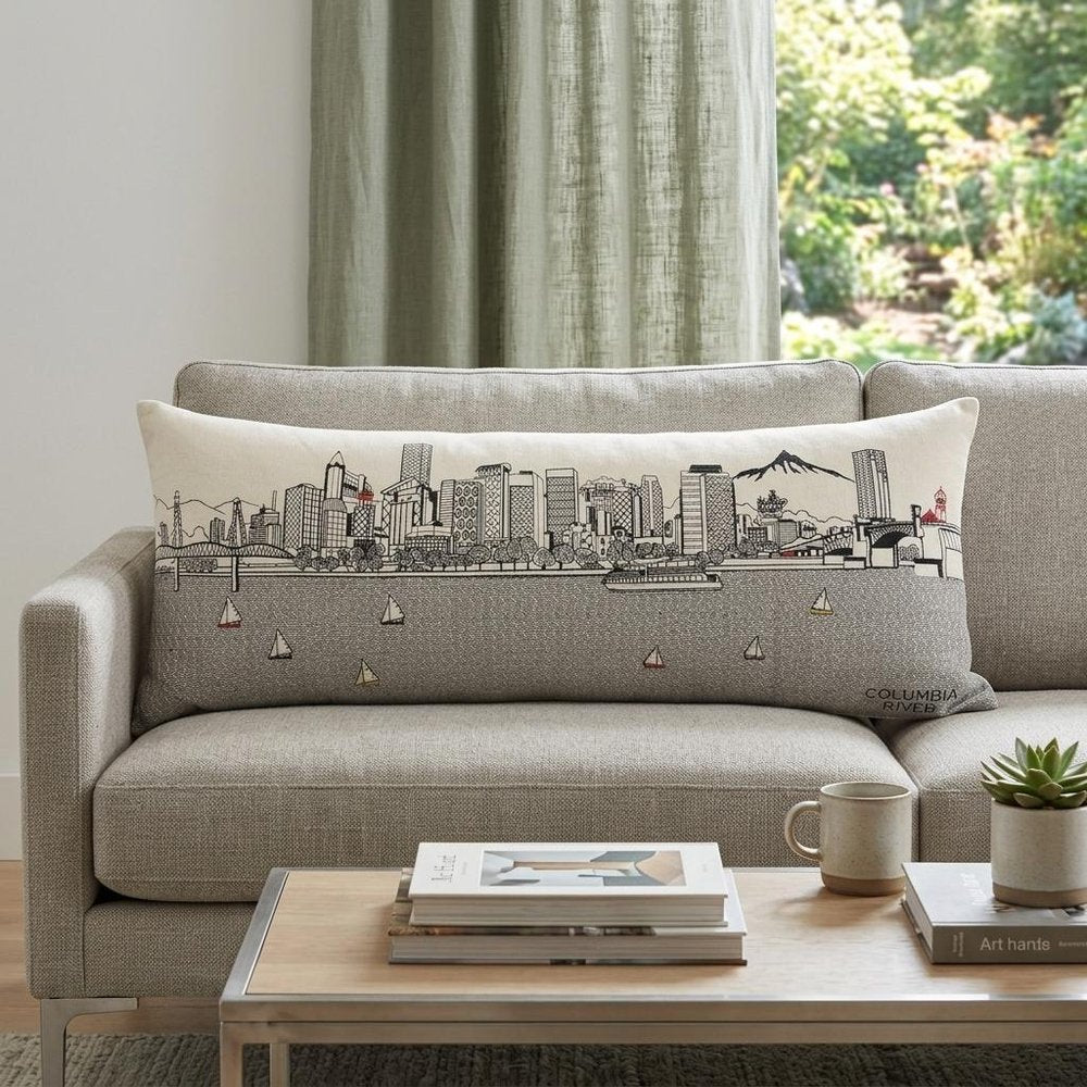 14" X 35" Cream Portland Daylight Skyline Lumbar Decorative Pillow