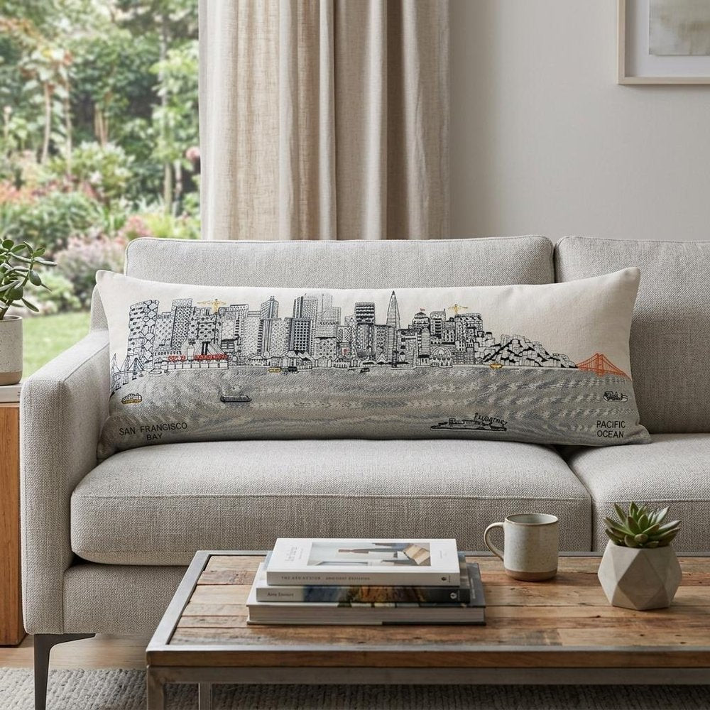 14" X 35" Cream San Francisco Daylight Skyline Lumbar Decorative Pillow