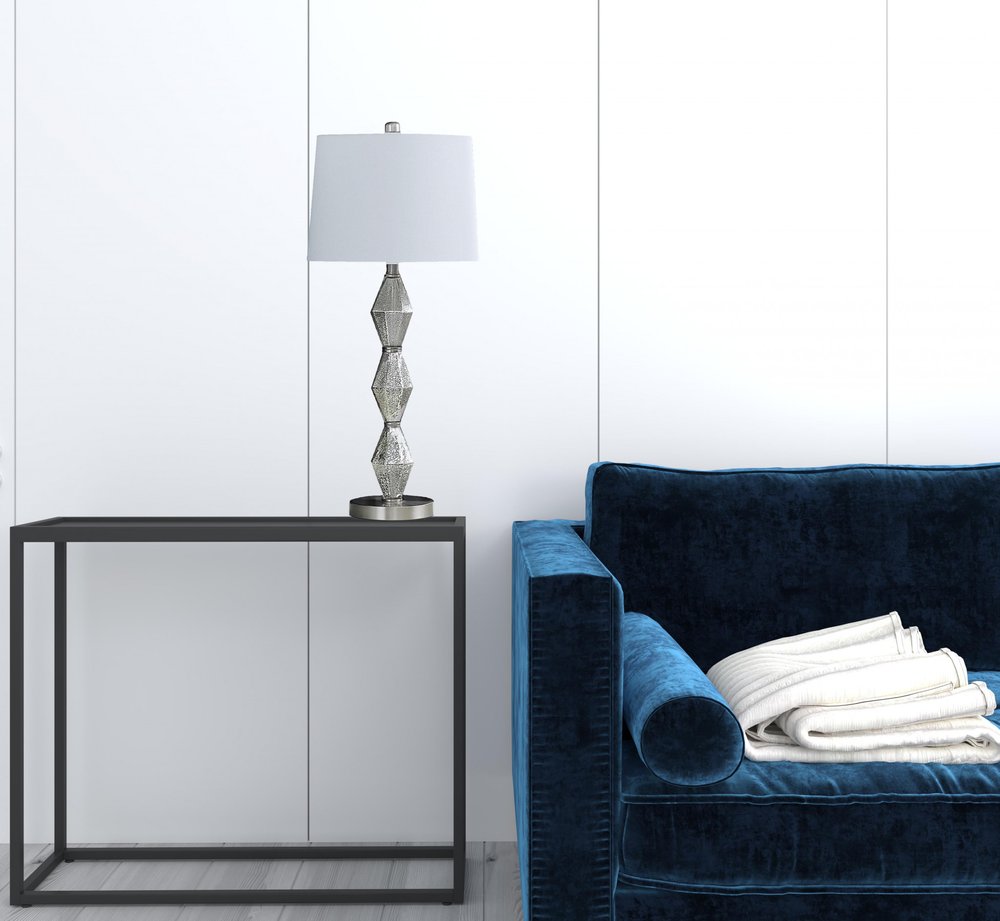 30" Brushed Silver Geo Glass Table Lamp With White Shade