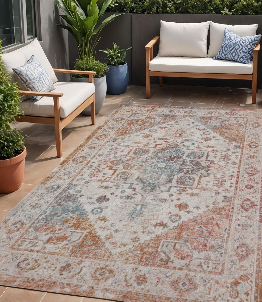 5' X 8' Beige Abstract Stain Resistant Indoor Outdoor Area Rug