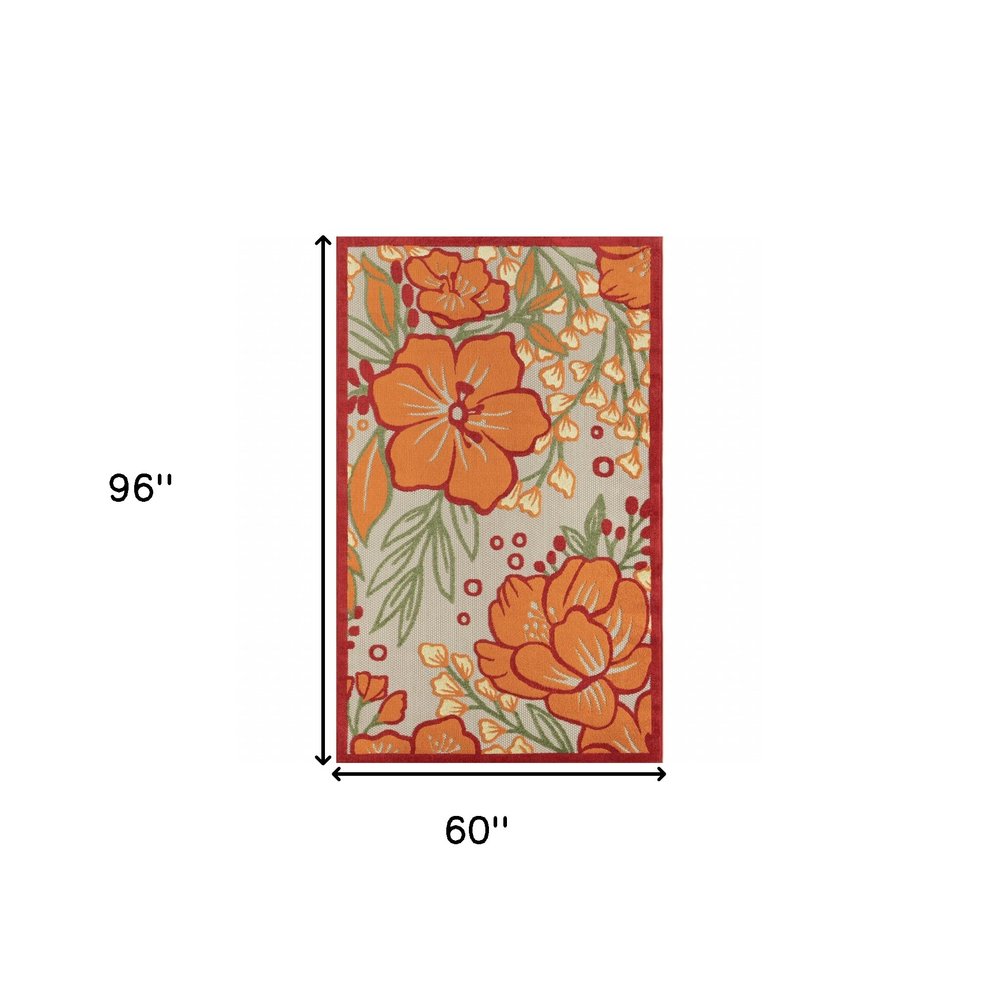 5' X 8' Orange And Ivory Handmade Indoor Outdoor Area Rug
