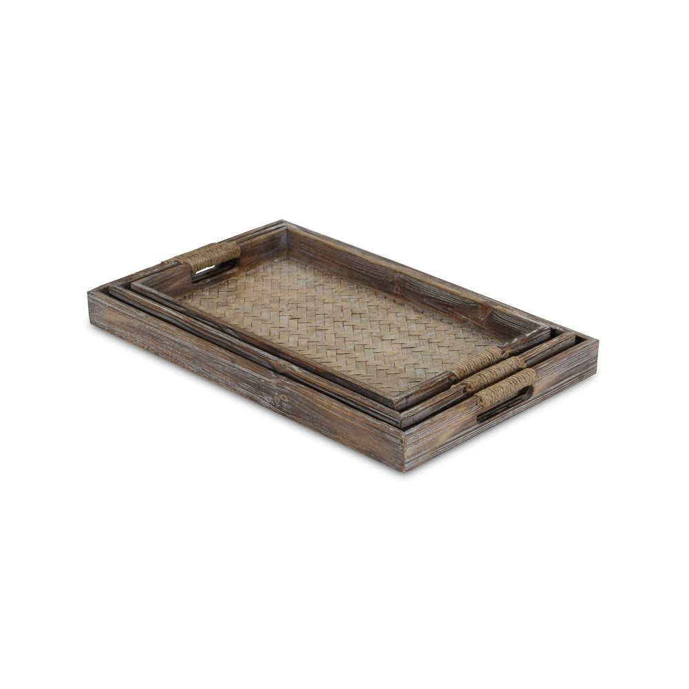 Set of Three Brown Rectangular Wood Handmade Serving Tray With Handles