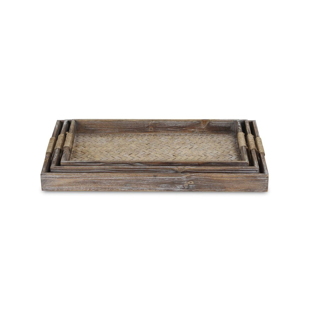 Set of Three Brown Rectangular Wood Handmade Serving Tray With Handles