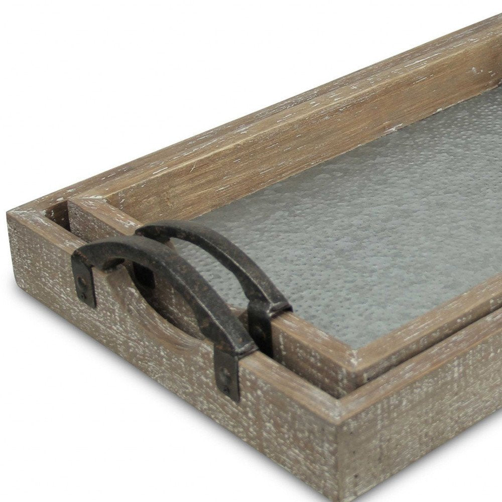 Set of Two Gray Metal Handmade Serving Tray With Handles