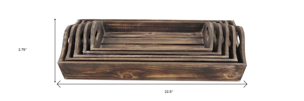 Set Of 5 Rustic Natural Brown Wood Handmade Trays With Handles