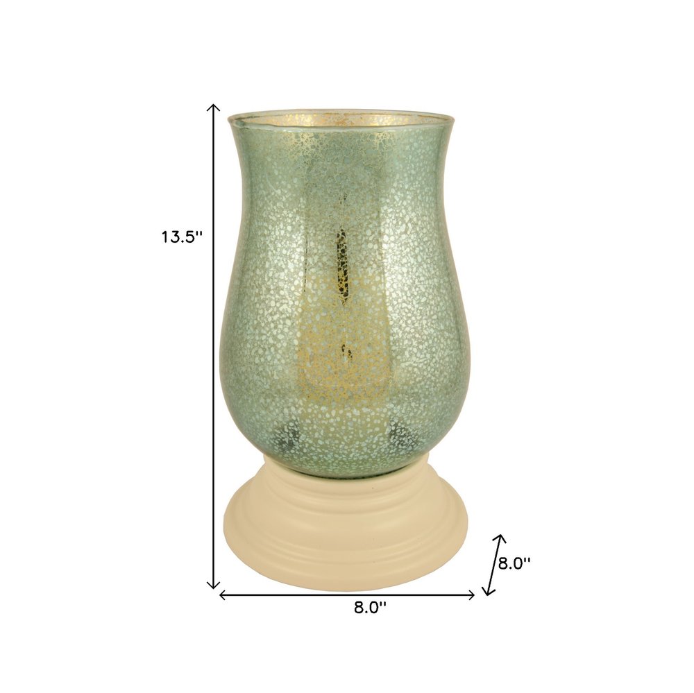 14" Green Glass Centerpiece Hurricane Candle Holder With Candle