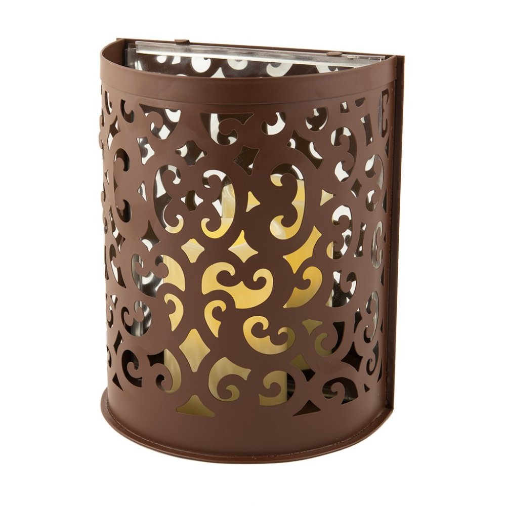 9" Brown Floral Iron Wall Sconce Candle Holder With Candle