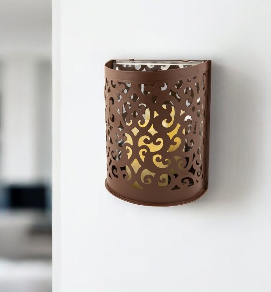 9" Brown Floral Iron Wall Sconce Candle Holder With Candle