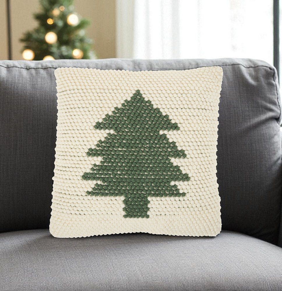 20" X 20" Green And Ivory Christmas Tree Textural Throw Pillow