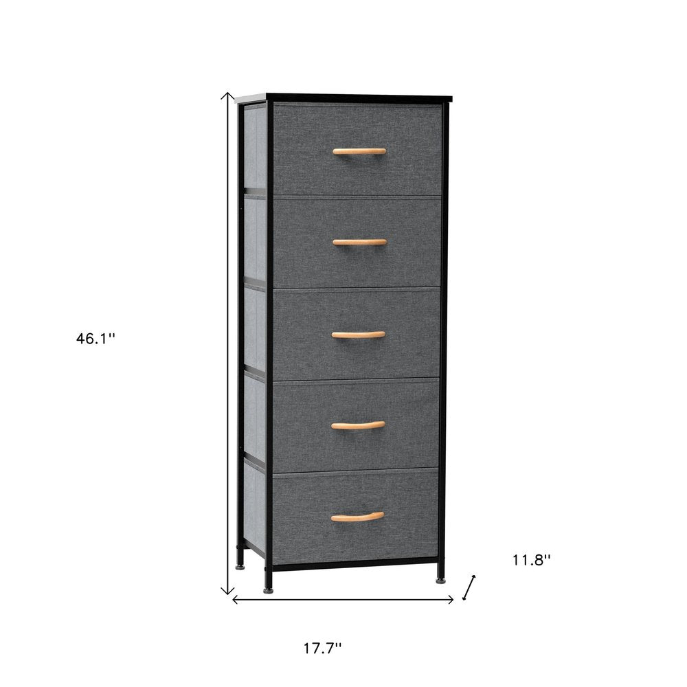 18" Gray And Black Steel And Fabric Five Drawer Dresser
