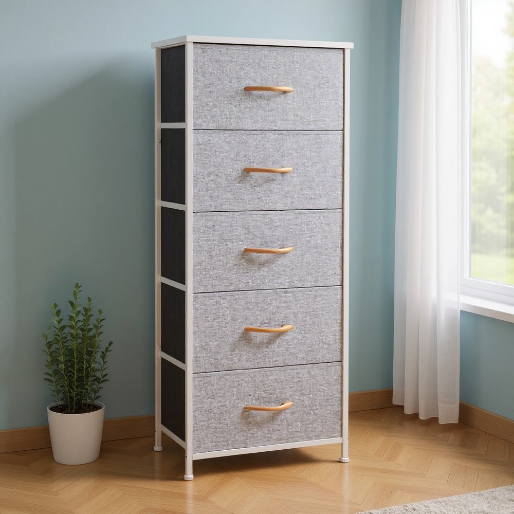 18" Gray and White Steel and Fabric Five Drawer Chest