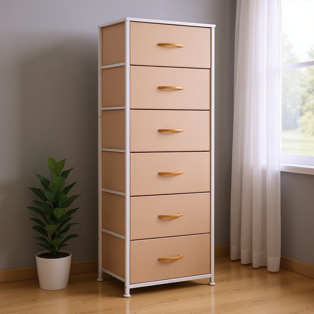 18" Pink and White Steel and Fabric Six Drawer Chest