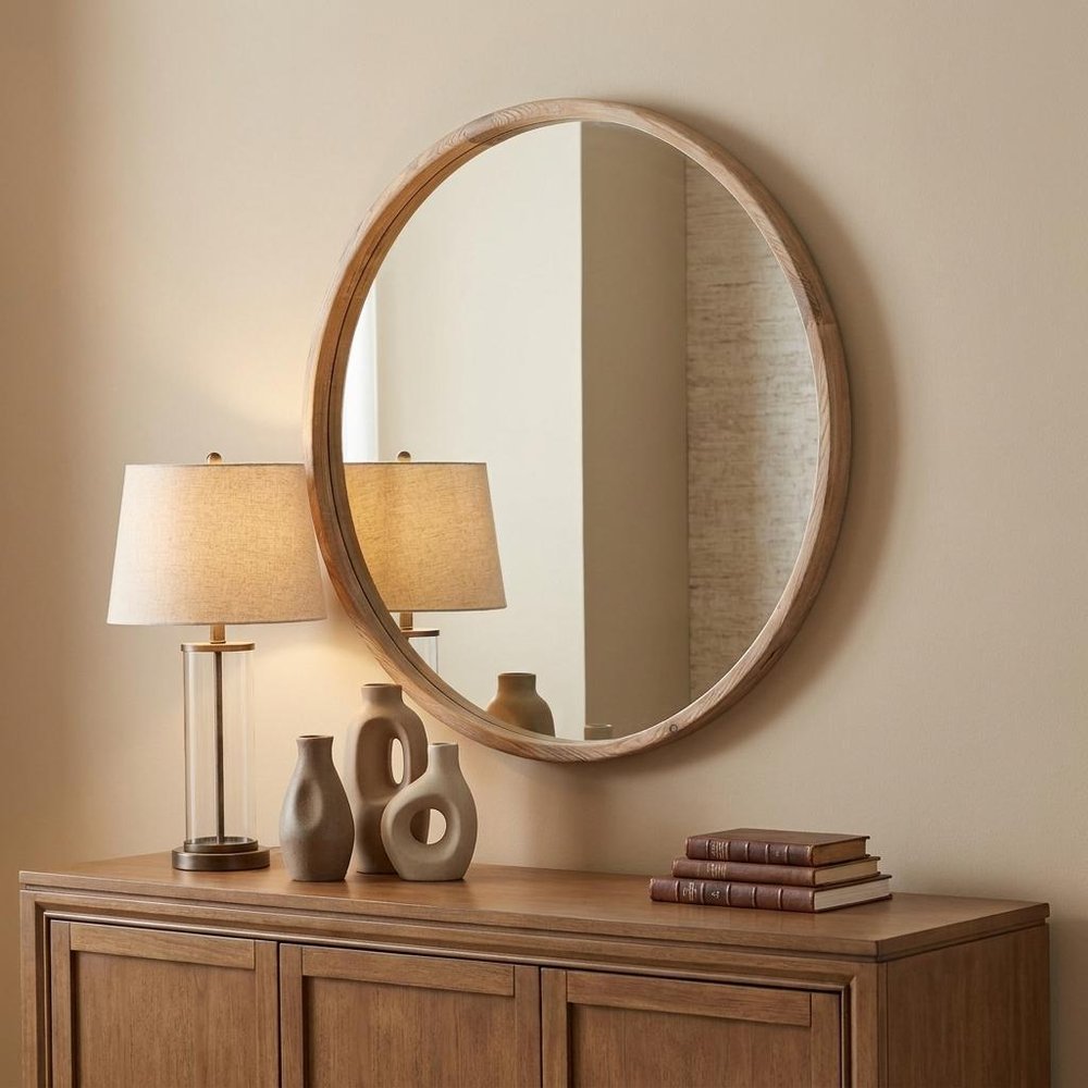 28" Brown Solid Wood Round Framed Accent Mirror