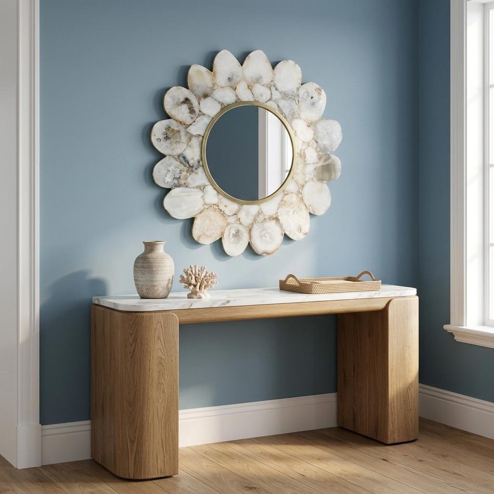 30" White And Gold Scalloped Stone Framed Accent Mirror