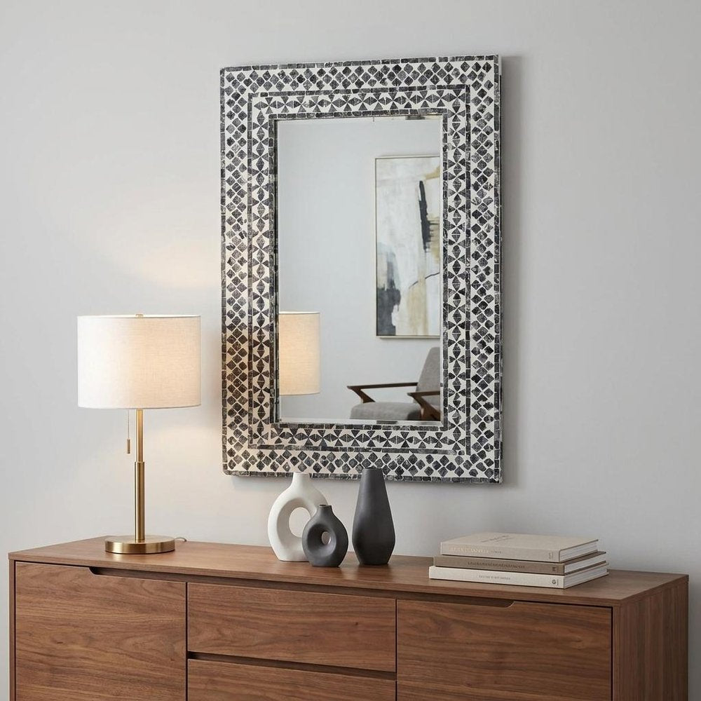 36" Black And White Geometric Mosaic Capiz Shell Framed Accent Mirror