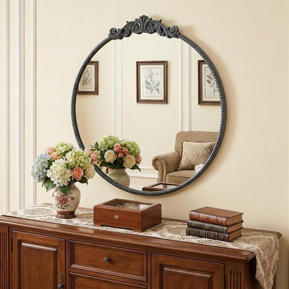 32" Black Crowned Top Iron Framed Accent Mirror