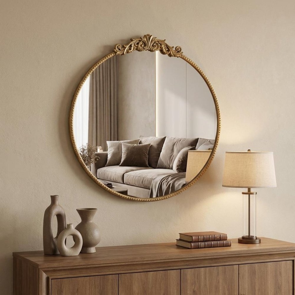 32" Gold Iron Crowned Top Framed Accent Mirror