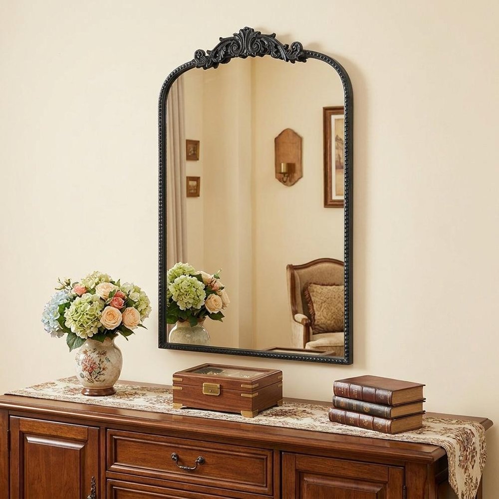 36" Black Arch Iron Framed Accent Mirror