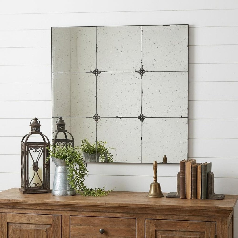 36" Black Square Iron Framed Antiqued Glass Accent Mirror