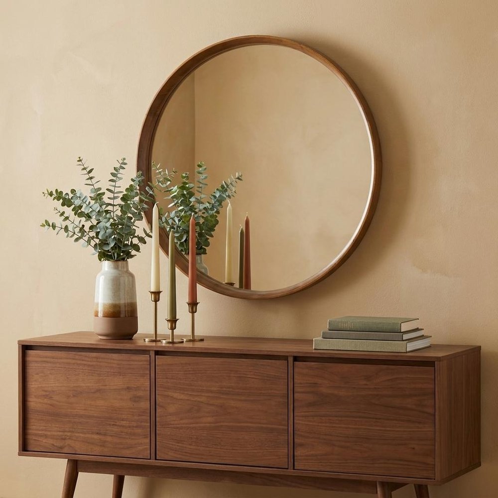 32" Brown Round Wood Framed Accent Mirror