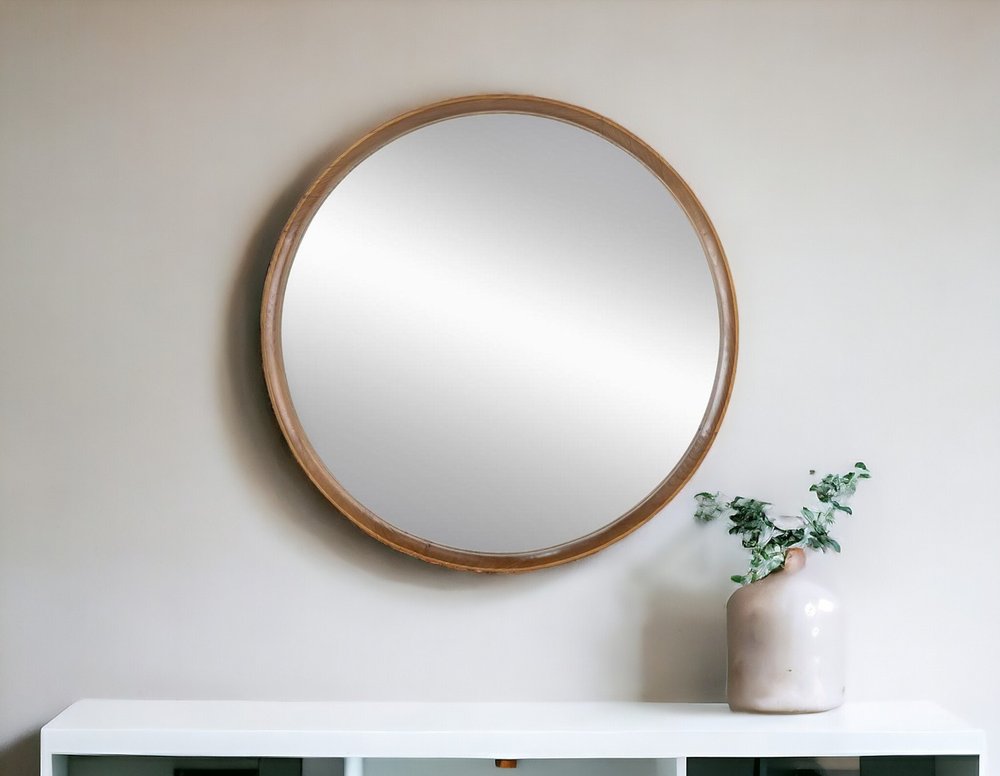32" Brown Round Wood Framed Accent Mirror
