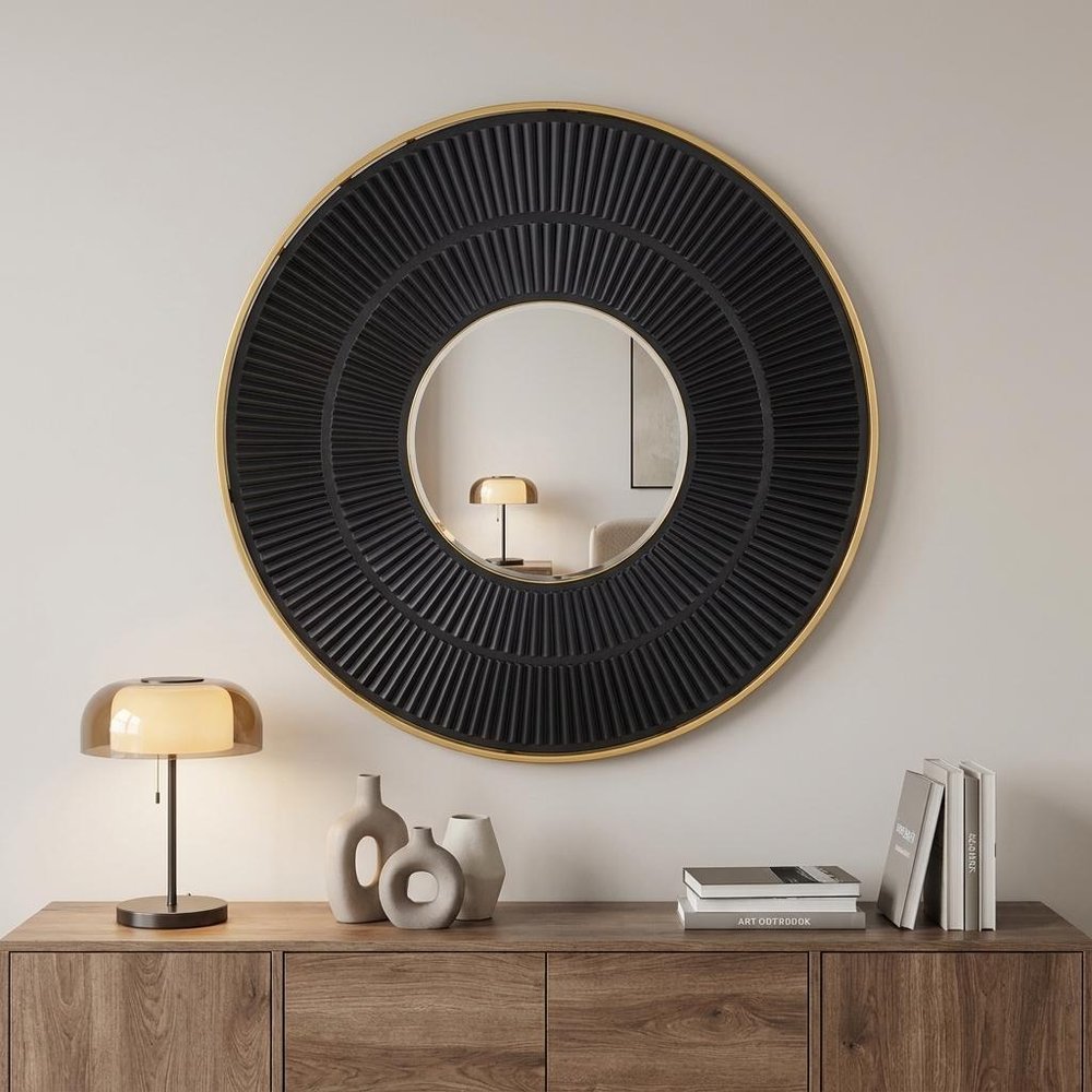 32" Black And Gold Round Wood And Metal Framed Accent Mirror