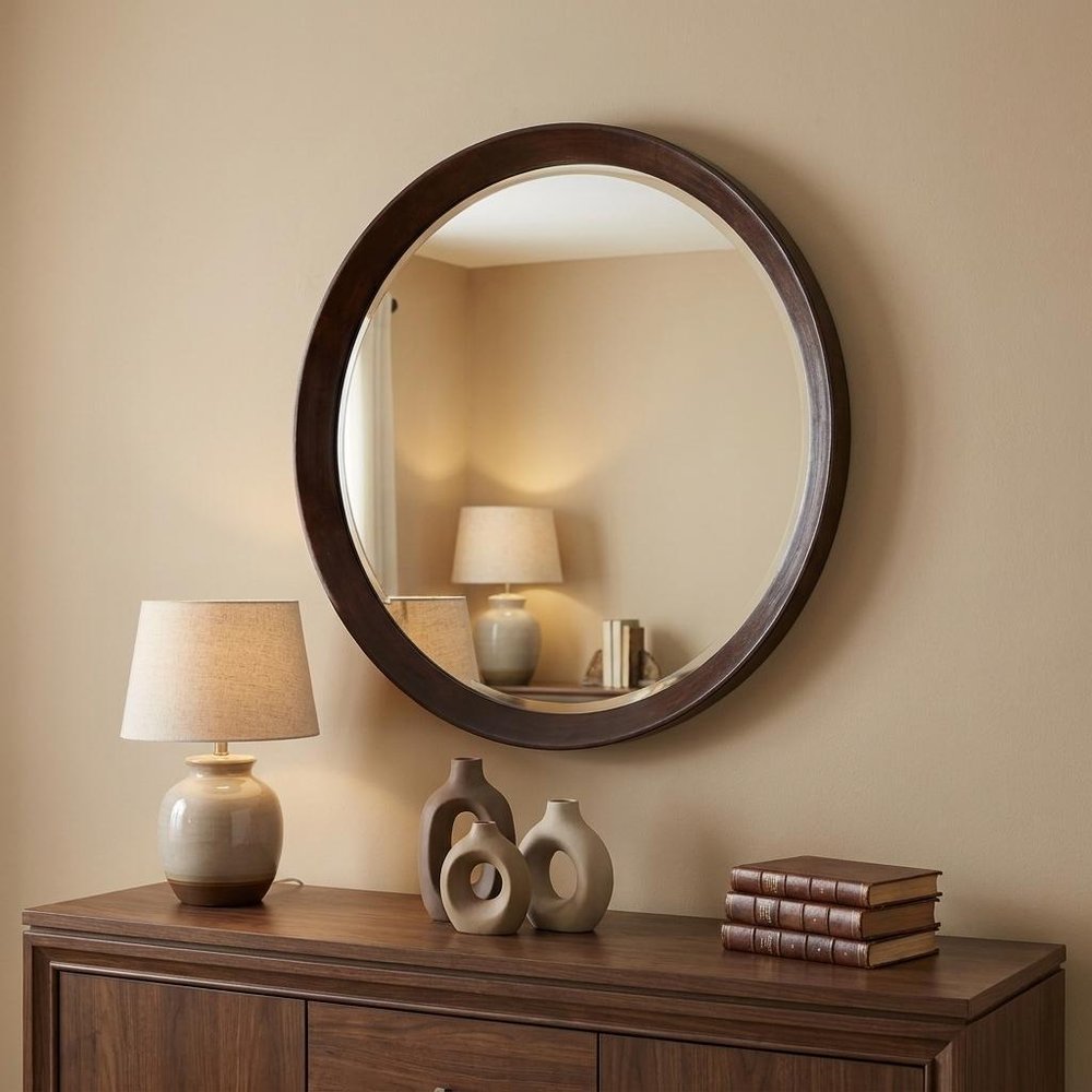 20" Dark Brown Round Wood Framed Accent Mirror