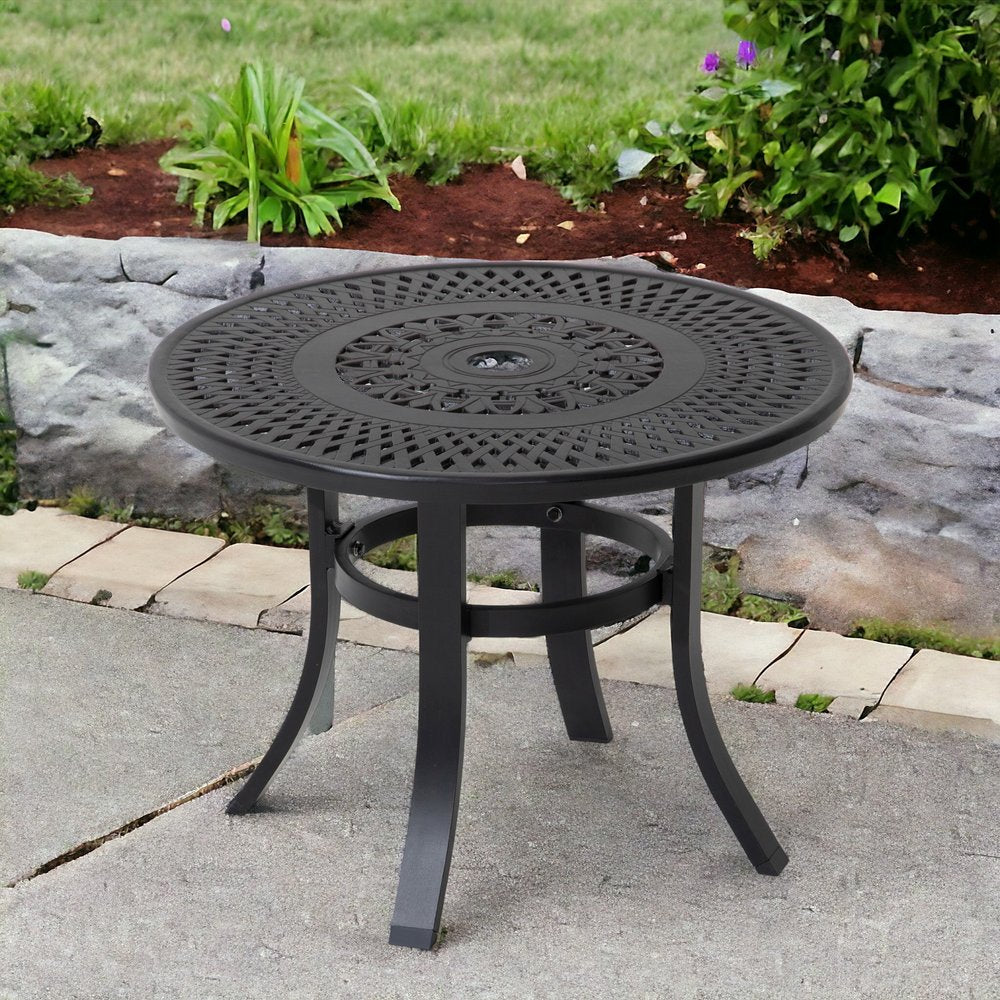 24" Black Rounded Metal Outdoor Bistro Table with Umbrella Hole