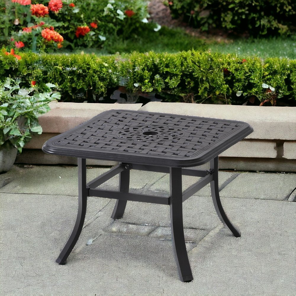 24" Black Square Metal Outdoor Bistro Table with Umbrella Hole