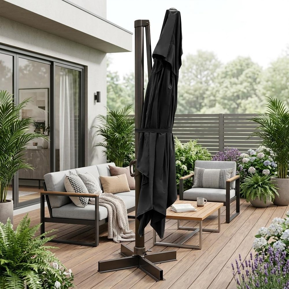 8" Black Polyester Rectangular Tilt Cantilever Patio Umbrella with Stand