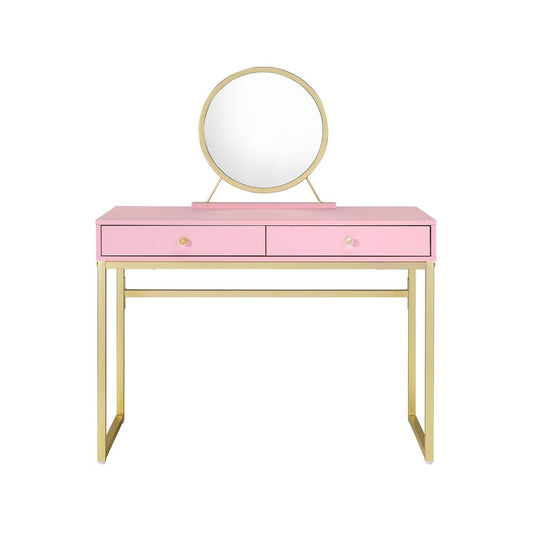 42" Gold And Pink Wood Vanity Table With Mirror And Two Drawers