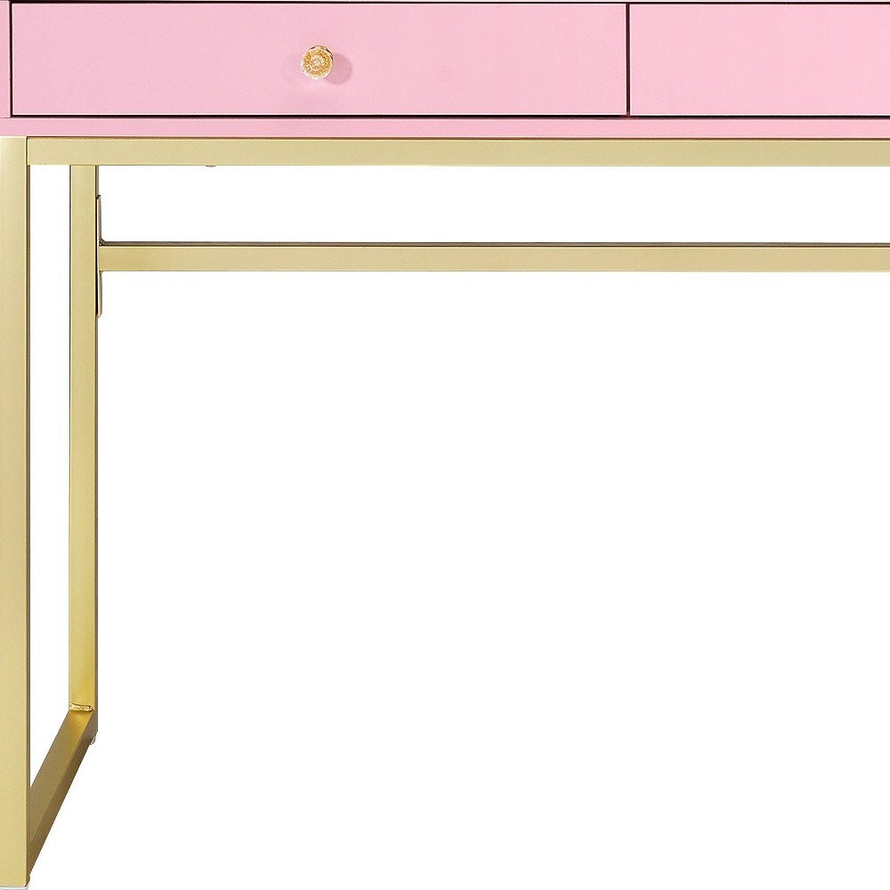 42" Gold And Pink Wood Vanity Table With Mirror And Two Drawers