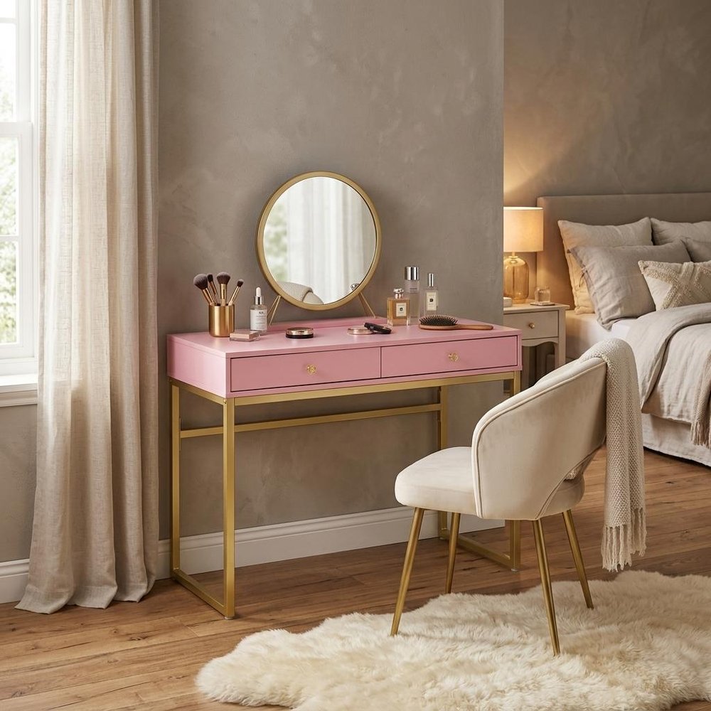 42" Gold And Pink Wood Vanity Table With Mirror And Two Drawers