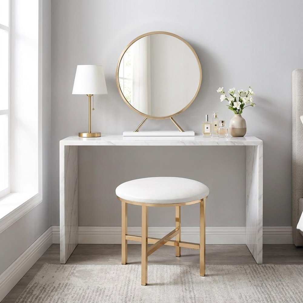 Set of Two Gold Metal And Faux Leather Round Freestanding Makeup Mirror And Stool