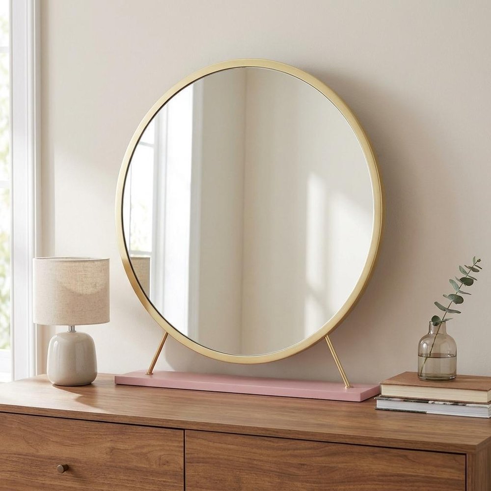 19" Brass Metal Round Freestanding Ornate Framed Makeup Shaving Tabletop Mirror