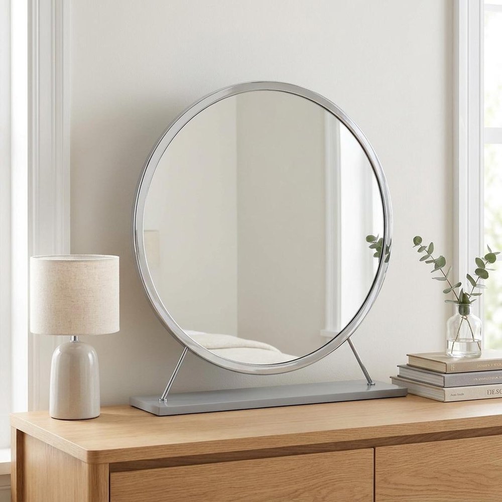 19" Gray Metal Round Freestanding Ornate Framed Makeup Shaving Tabletop Mirror