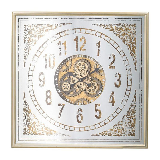 32" Square Gold and Silver Wood and Mirror Analog Exposed Gear Wall Clock