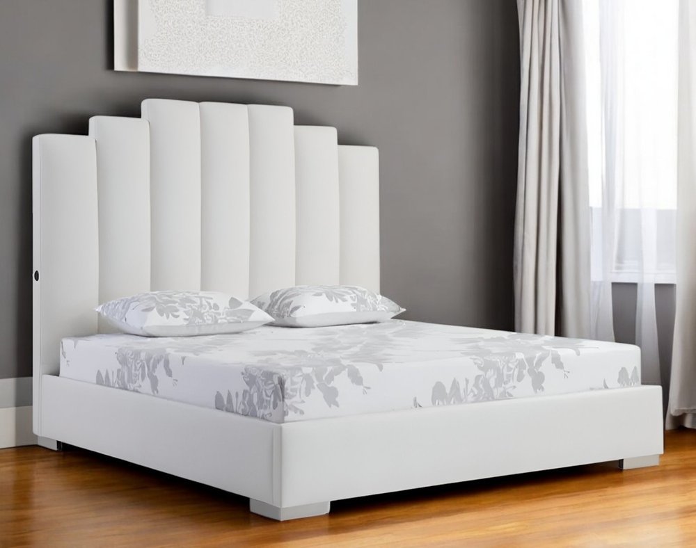 White Wood And Faux Leather Queen Bed Frame with USB