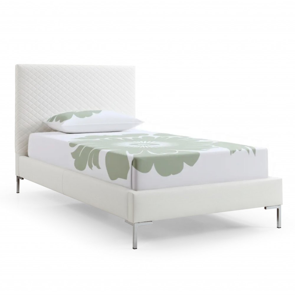 Twin Size White Upholstered Faux Leather Bed Frame
