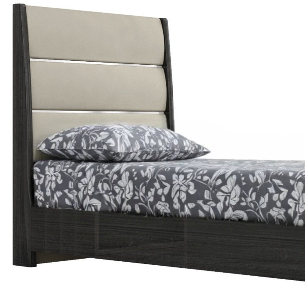 Twin Dark Grey High Gloss Bed Frame with Faux Leather Headboard