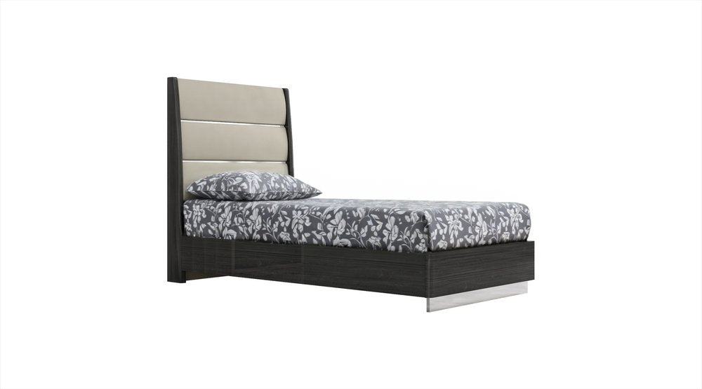 Twin Dark Grey High Gloss Bed Frame with Faux Leather Headboard