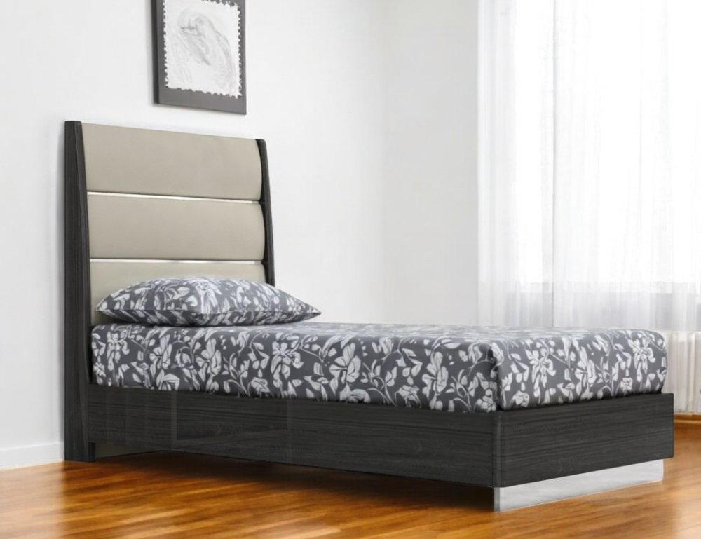 Twin Dark Grey High Gloss Bed Frame with Faux Leather Headboard