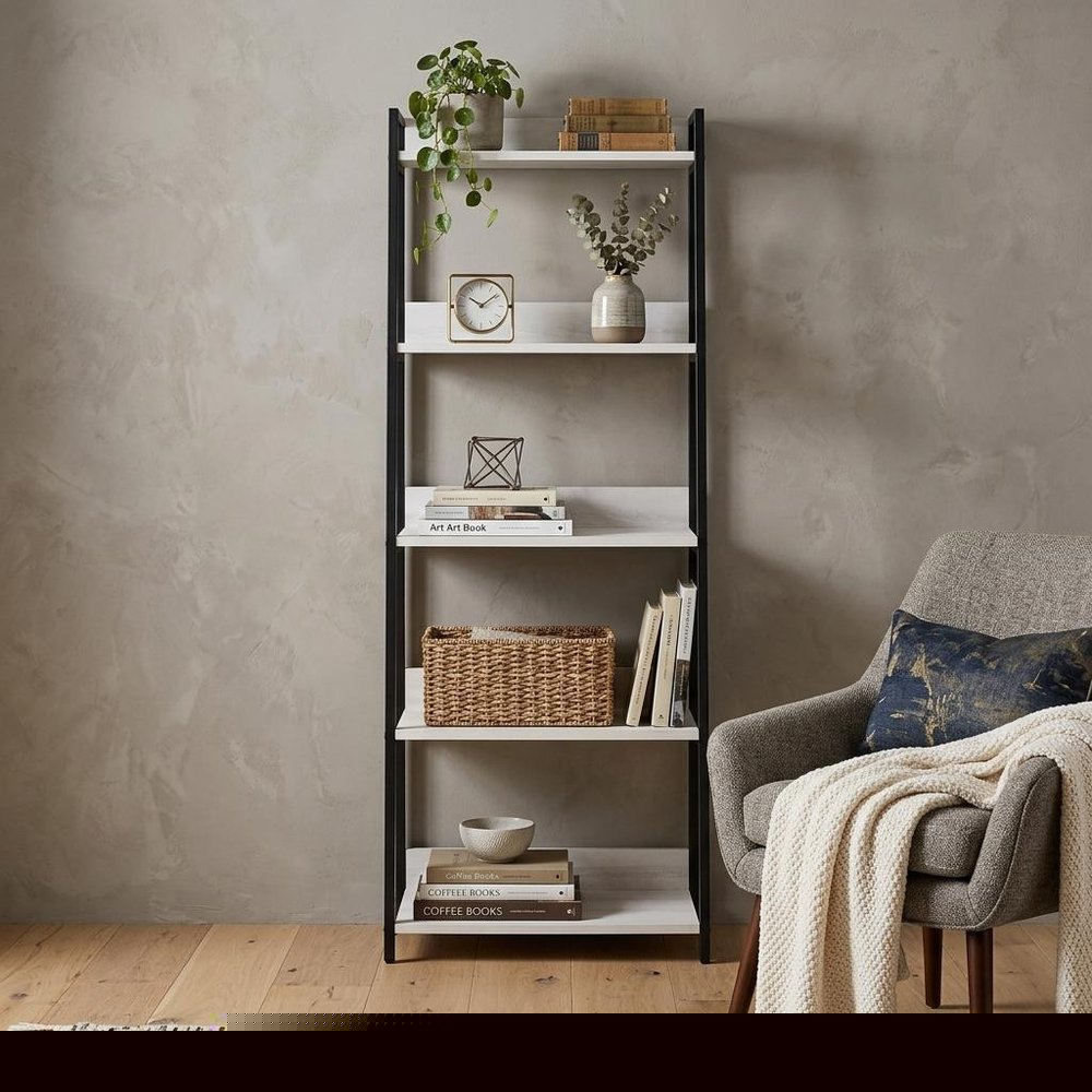67" Natural and Black Metal Five Tier Ladder Bookcase
