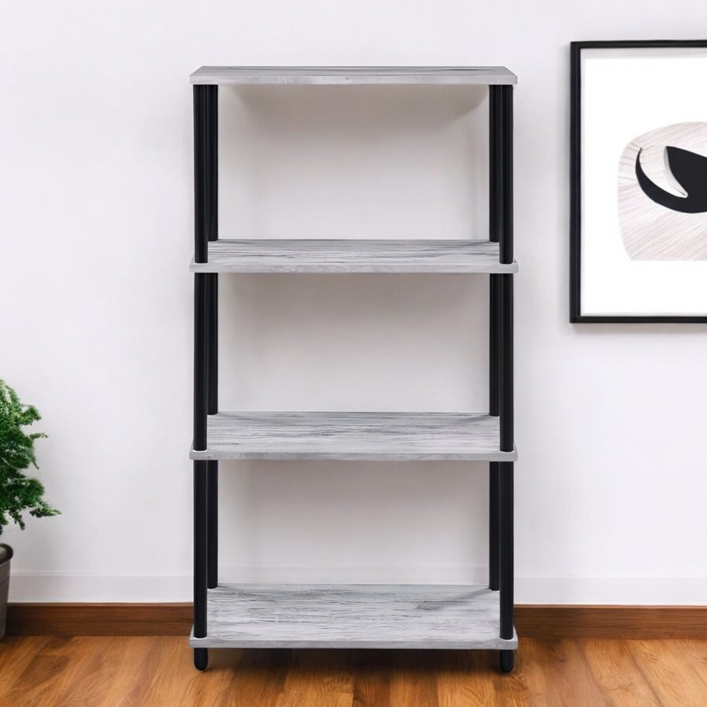 44" Antiqued White And Black Distressed Metal and Wood Four Tier Etagere Bookcase
