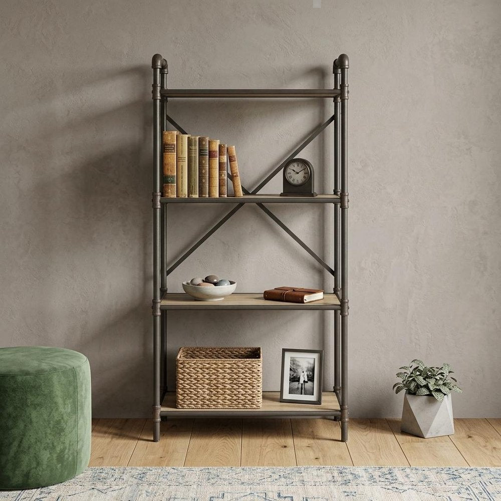49" Gray Brown Metal Four Tier Etagere Bookcase