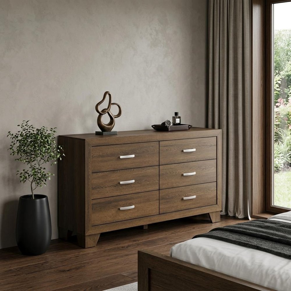 59" Brown Wood Six Drawer Double Dresser